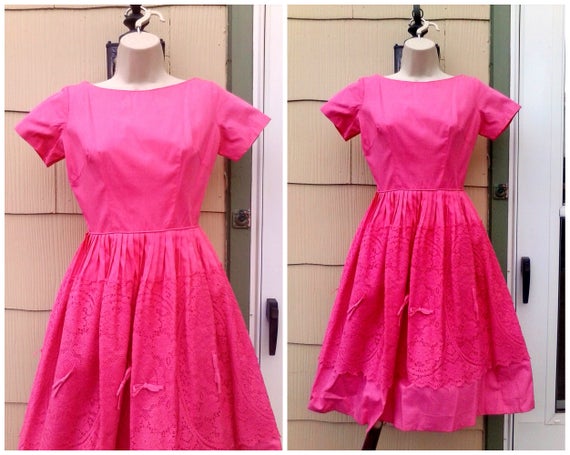 Vintage 1950s 50s Pink Dress Cotton XS Small Rock… - image 2