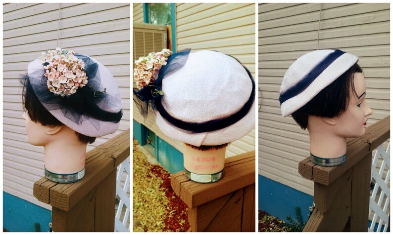 Vintage 1930s 1940s Tilt Hat Pink Navy Ladies Flowers Tulle