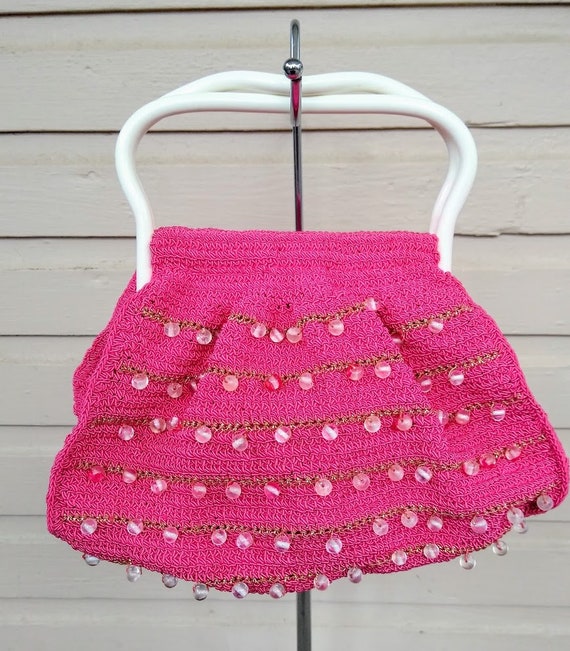 Vintage 1950s 1960s Pink Beaded Crochet Bag  Handm