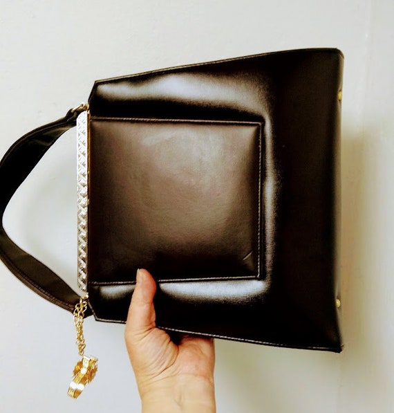 Vintage 1960s 60s Dark Brown Handbag Purse Large … - image 5
