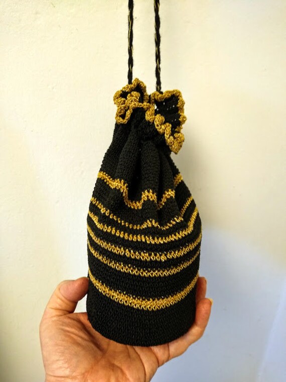 Vintage 1940s 1950s Crochet Drawstring Bag Purse … - image 8