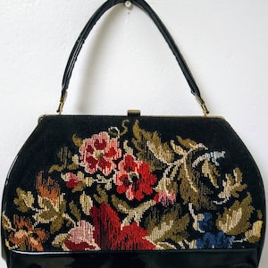 Vtg Hand Needlepoint Bag Butterfly/Floral Handles Size  Approx.13.5x10.5x2.5