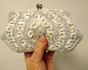 Vintage 1950s 50s Blue Gray Beaded Sequins Clutch/ Evening Bag/Purse and Gloves by WALBORG  MCM