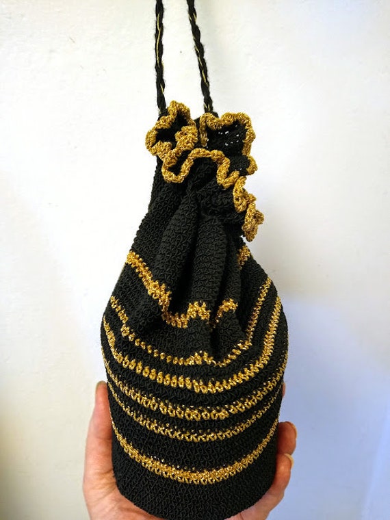 Vintage 1940s 1950s Crochet Drawstring Bag Purse … - image 3
