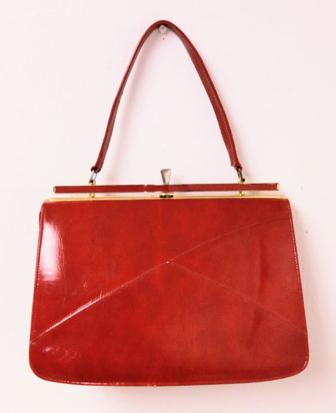 Vintage 1960s Red Marbled Patent Leather Handbag Pocketbook Purse MCM