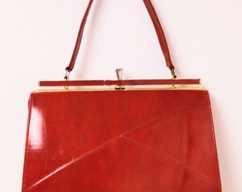 Vintage 1960s Red Marbled Patent Leather Handbag Pocketbook Purse MCM Naturalizer