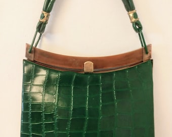 Vintage Green Faux Crocodile Leather Purse Handbag Pocketbook 1960s 1970s