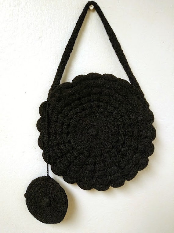 Vintage 1930s 1940s Black Round Crochet Purse Bag… - image 3