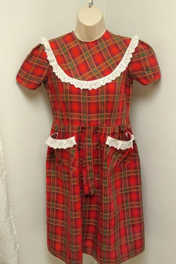 1930s 1940s Red Plaid Print Dress Frock Small Med… - image 8