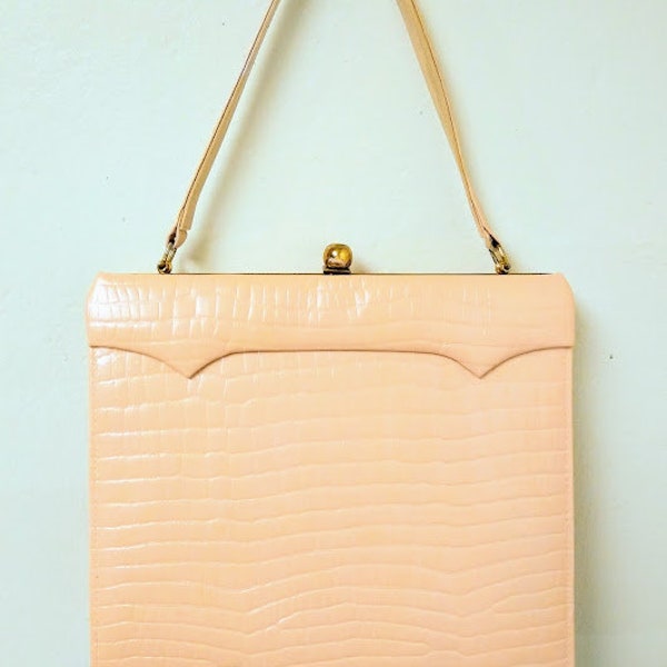 Vintage 1950s 1960s Pink Stamped Leather Handbag Purse Pocketbook Town and Country/ MCM Restored Hand painted