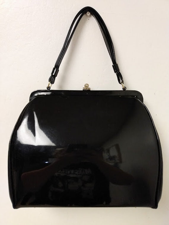 Vintage 1950s 1960s Black Patent Leather Handbag … - image 4