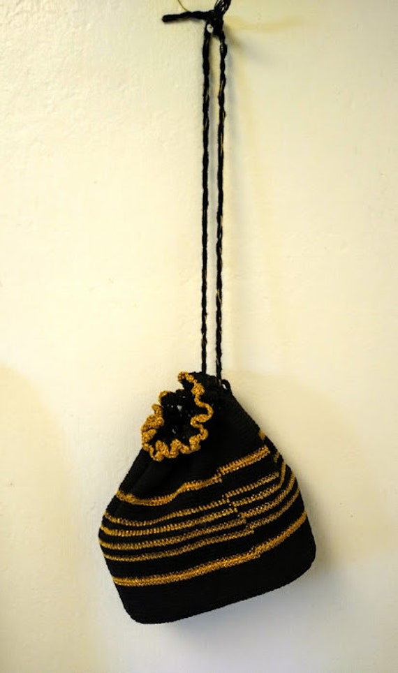 Vintage 1940s 1950s Crochet Drawstring Bag Purse … - image 9