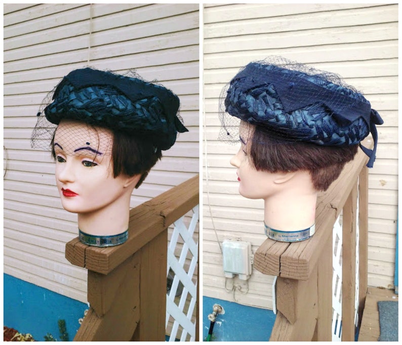 Vintage 1950s 1960s Blue Pillbox Hat Straw Veil image 2