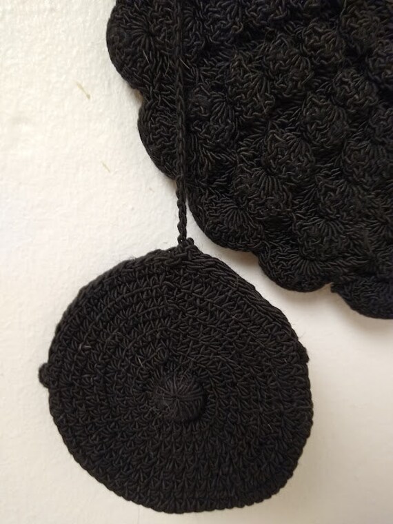 Vintage 1930s 1940s Black Round Crochet Purse Bag… - image 4