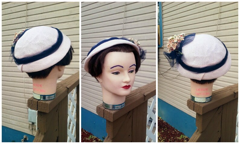 Vintage 1930s 1940s Tilt Hat Pink Navy Ladies Flowers Tulle