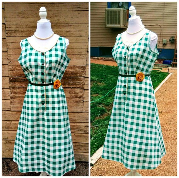 Vintage 1940s 40s Green Dress Gingham Sundress Cot