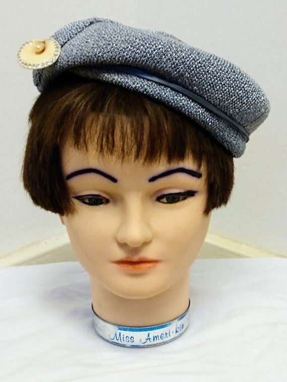 Vintage 1940s 1950s Blue Gray Beret Tilt Hat by No