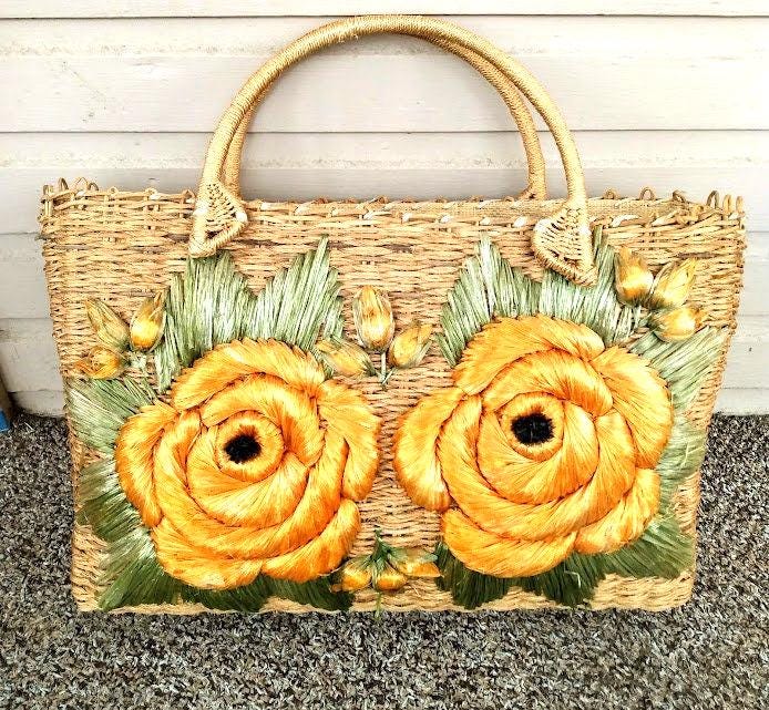 Vintage 1960s 60s Straw and Raffia Flower Market Beach Tote
