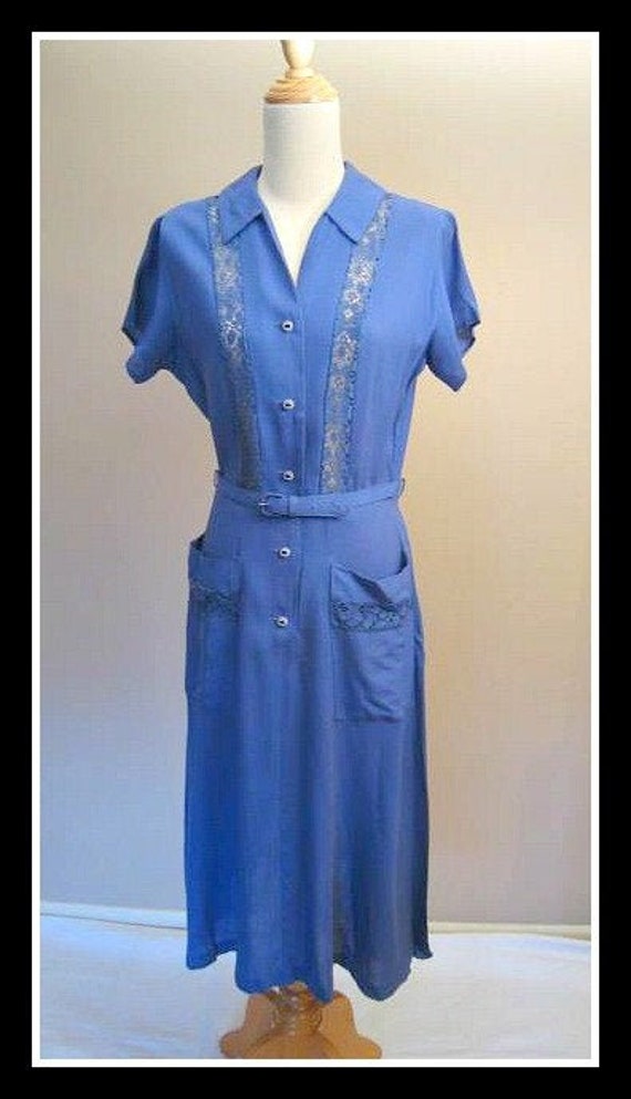 Vintage 1940s 40s Dress Blue Lace Swing Princess