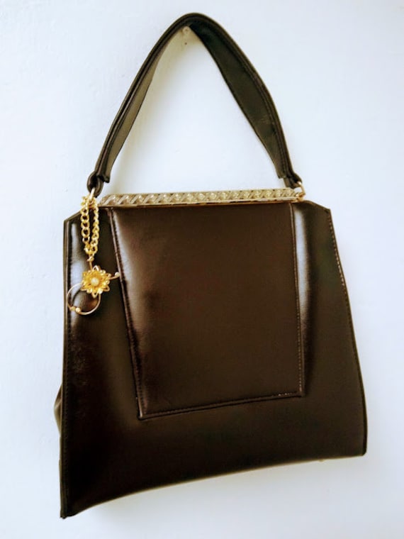 Vintage 1960s 60s Dark Brown Handbag Purse Large … - image 8