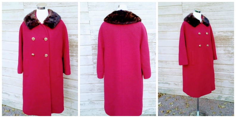 Vintage 1960s 60s Wine Red Swing CoatCar Coat OvercoatMink Collar Neustetters Small to Medium S M