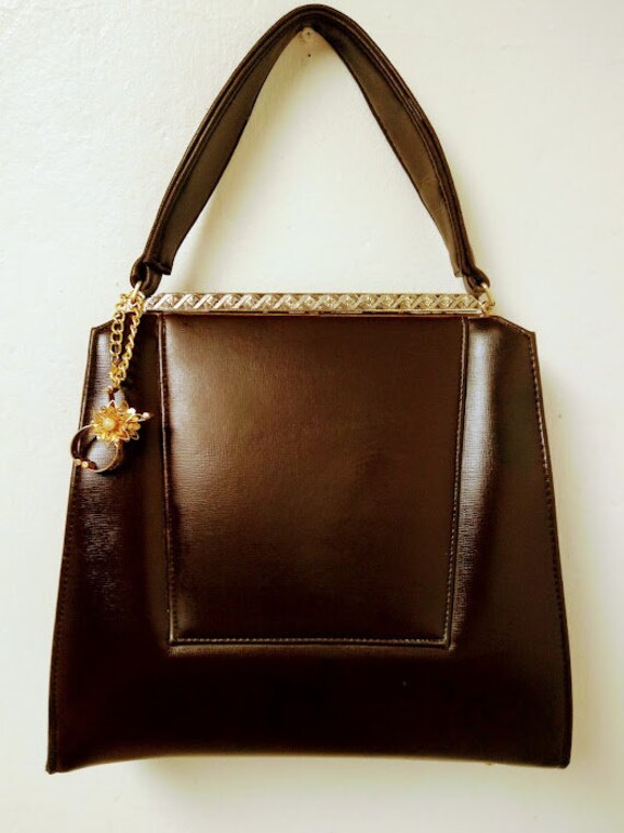 Vintage 1960s 60s Dark Brown Handbag Purse Large … - image 10