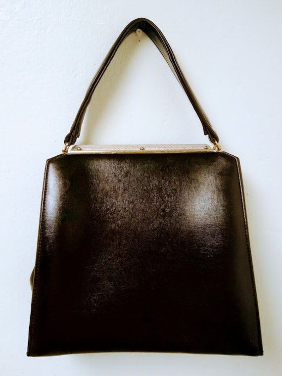 Vintage 1960s 60s Dark Brown Handbag Purse Large … - image 3