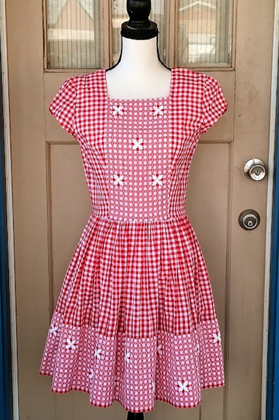 Vintage 1950s 50s Red White Dress Gingham Cotton … - image 9