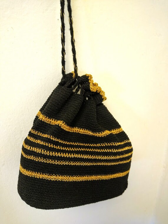 Vintage 1940s 1950s Crochet Drawstring Bag Purse … - image 10