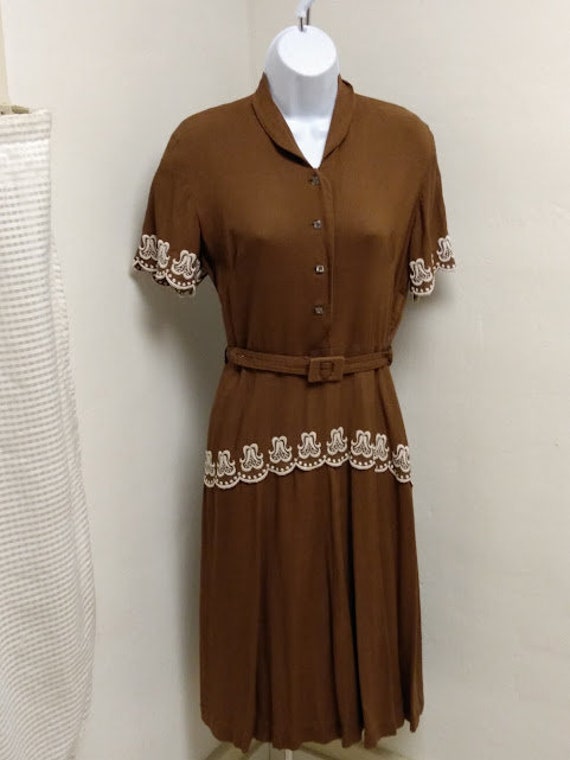 Vintage 1940s 40s Brown Lace Embroidery Dress/ Fr… - image 9