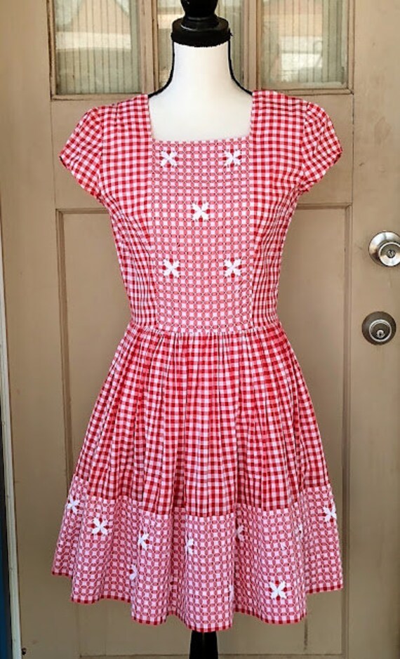 Vintage 1950s 50s Red White Dress Gingham Cotton … - image 8