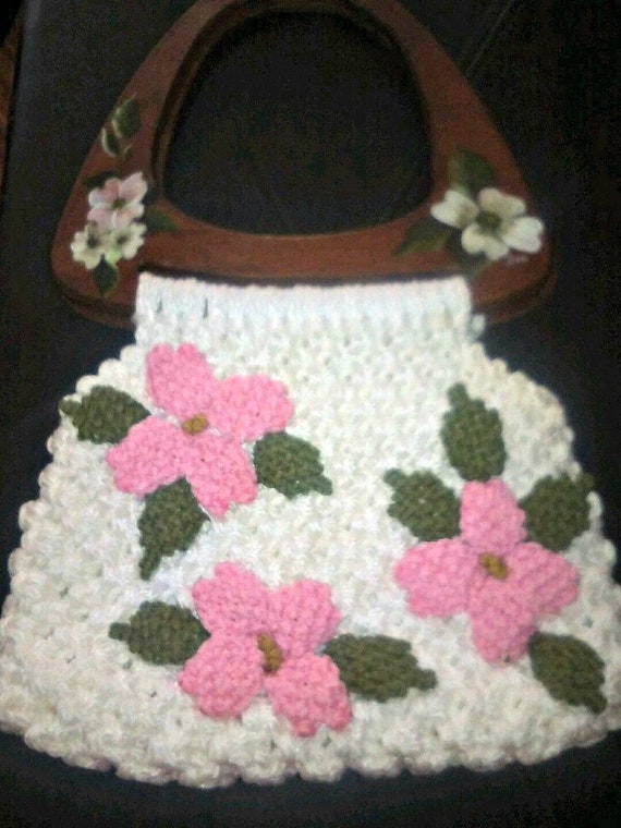 Vintage 1960s 1970s Large Macrame Bag Purse Flowe