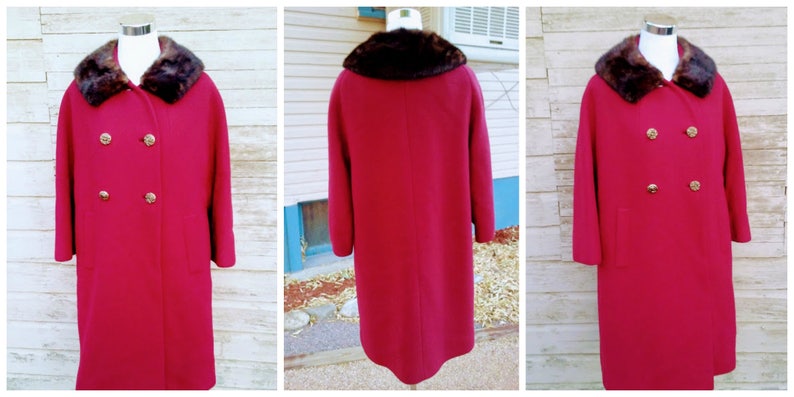 Vintage 1960s 60s Wine Red Swing CoatCar Coat OvercoatMink Collar Neustetters Small to Medium S M