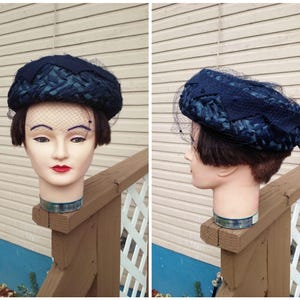 Vintage 1950s 1960s Blue Pillbox Hat Straw Veil image 4