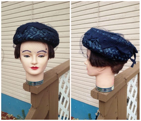 Vintage 1950s 1960s Blue Pillbox Hat Straw Veil - image 4