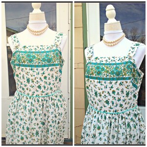 Vintage 1940s 1950s Blue Green Sleeveless Dress Sundress Floral Cotton Large L image 4