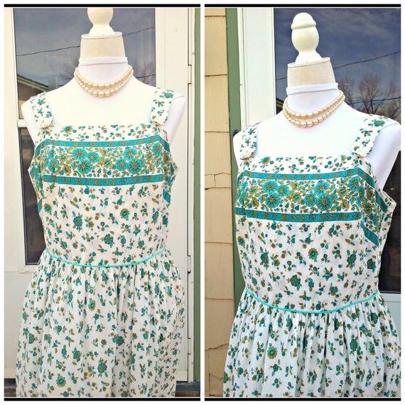 Vintage 1940s 1950s Blue Green Sleeveless Dress S… - image 4