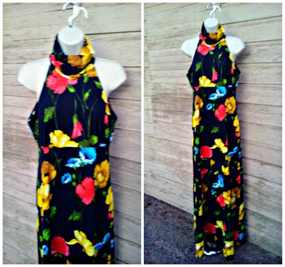 Vintage 1970s 70s  Maxi Halter Dress Polyester S … - image 6