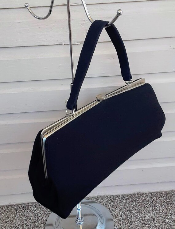 Vintage 1950s 60s Black Wool Felt Purse Kelly Bag Handbag 