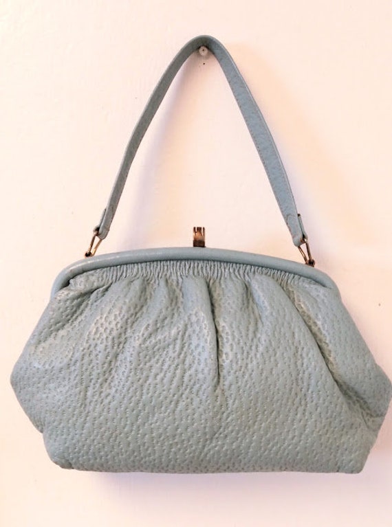 Vintage 1950s Pale Blue Gray Textured Leather Han… - image 3