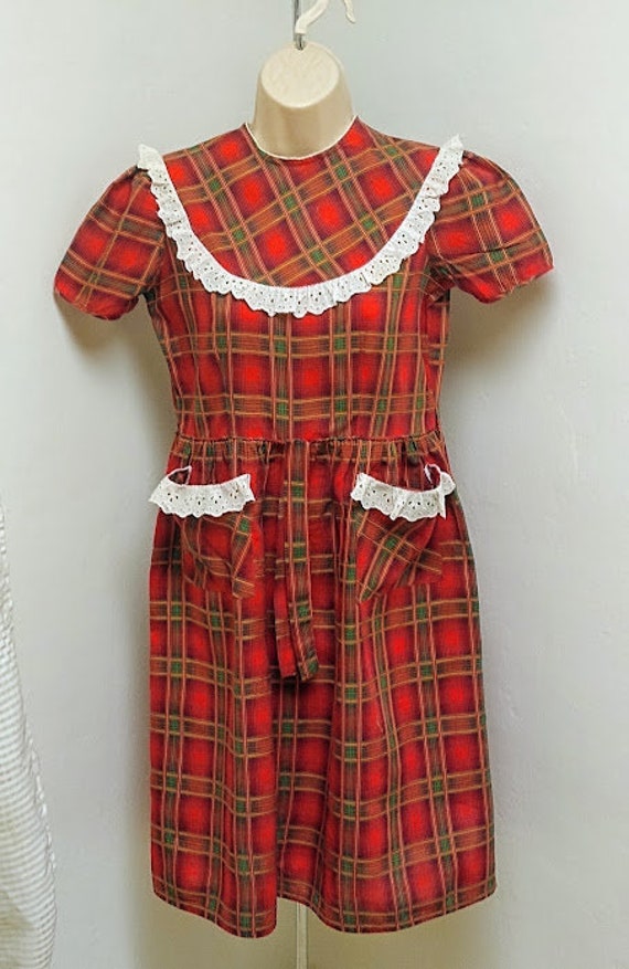 1930s 1940s Red Plaid Print Dress Frock Small Med… - image 4