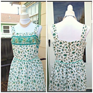 Vintage 1940s 1950s Blue Green Sleeveless Dress Sundress Floral Cotton Large L image 3