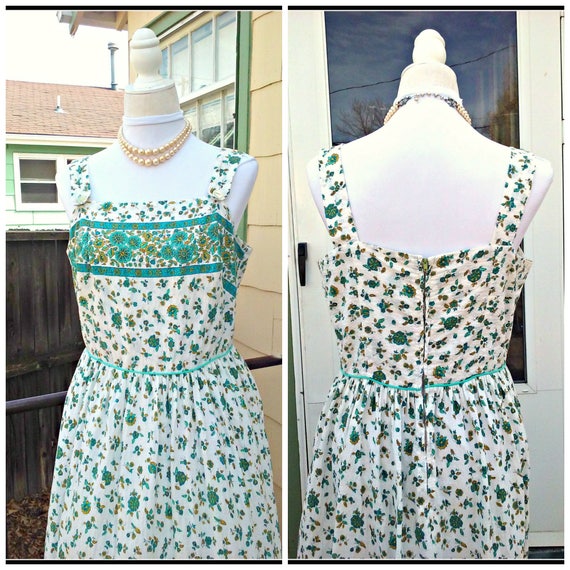 Vintage 1940s 1950s Blue Green Sleeveless Dress S… - image 3