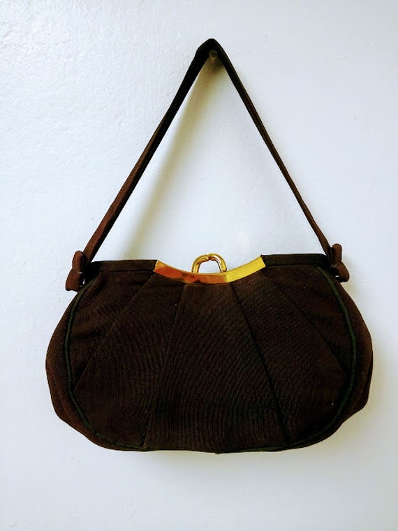 Vintage 1950s 50s Brown Faille Fabric Evening Bag… - image 8