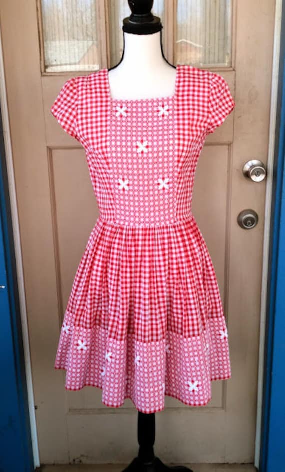 Vintage 1950s 50s Red White Dress Gingham Cotton … - image 2