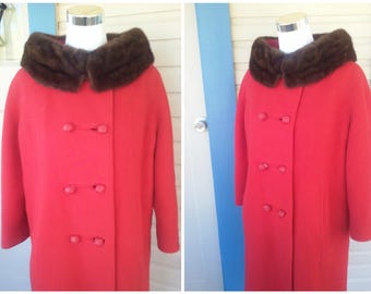 Vintage 1960s 60s Red Coat Mink Collar Double Breasted Small to Medium Mod Jackie O