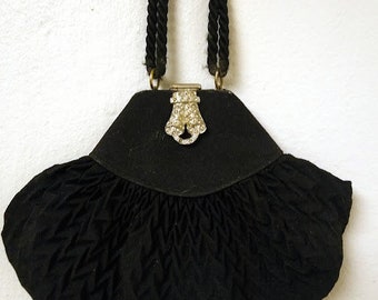 Vintage 1920s 1930s Black Faille Rhinestone Clasp Evening Bag Purse Handbag Art Deco