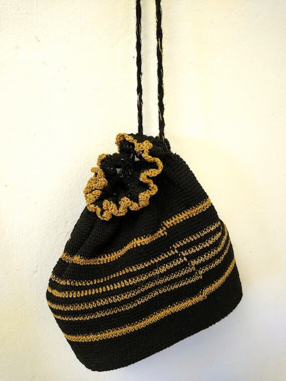 Vintage 1940s 1950s Crochet Drawstring Bag Purse … - image 7