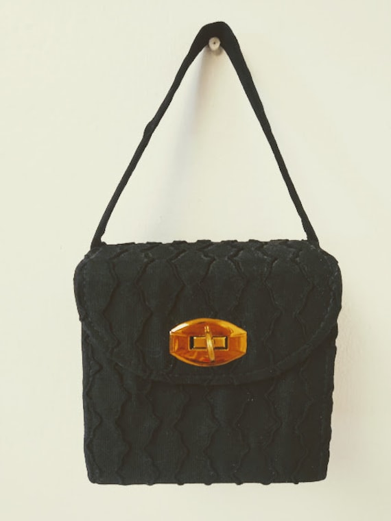 Vintage 1940s Black Silk Velvet Box Evening Bag P… - image 1