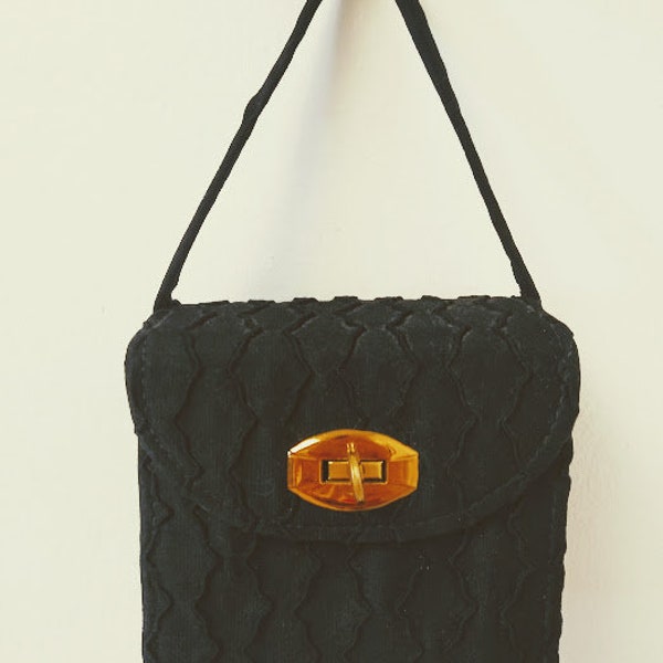Vintage 1940s Black Silk Velvet Box Evening Bag Purse Art Deco